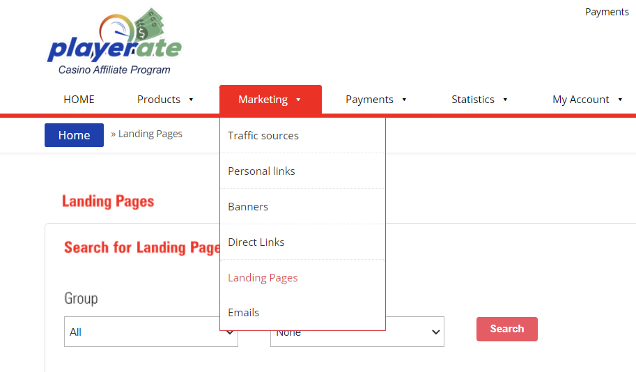 1. Inside your affiliate account, go to Marketing - Landing Pages.