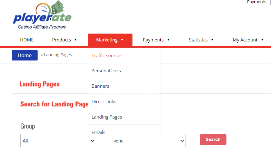 1. Inside your affiliate account, go to Marketing - Traffic Sources.